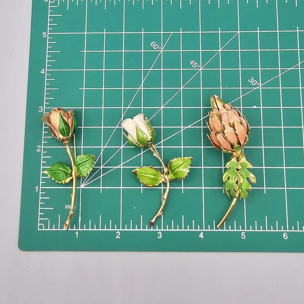 Lot Enamel Flower Brooch Pin (3) Gold Tone Pink Peach White Rose Floral Giovanni - Picture 13 of 13